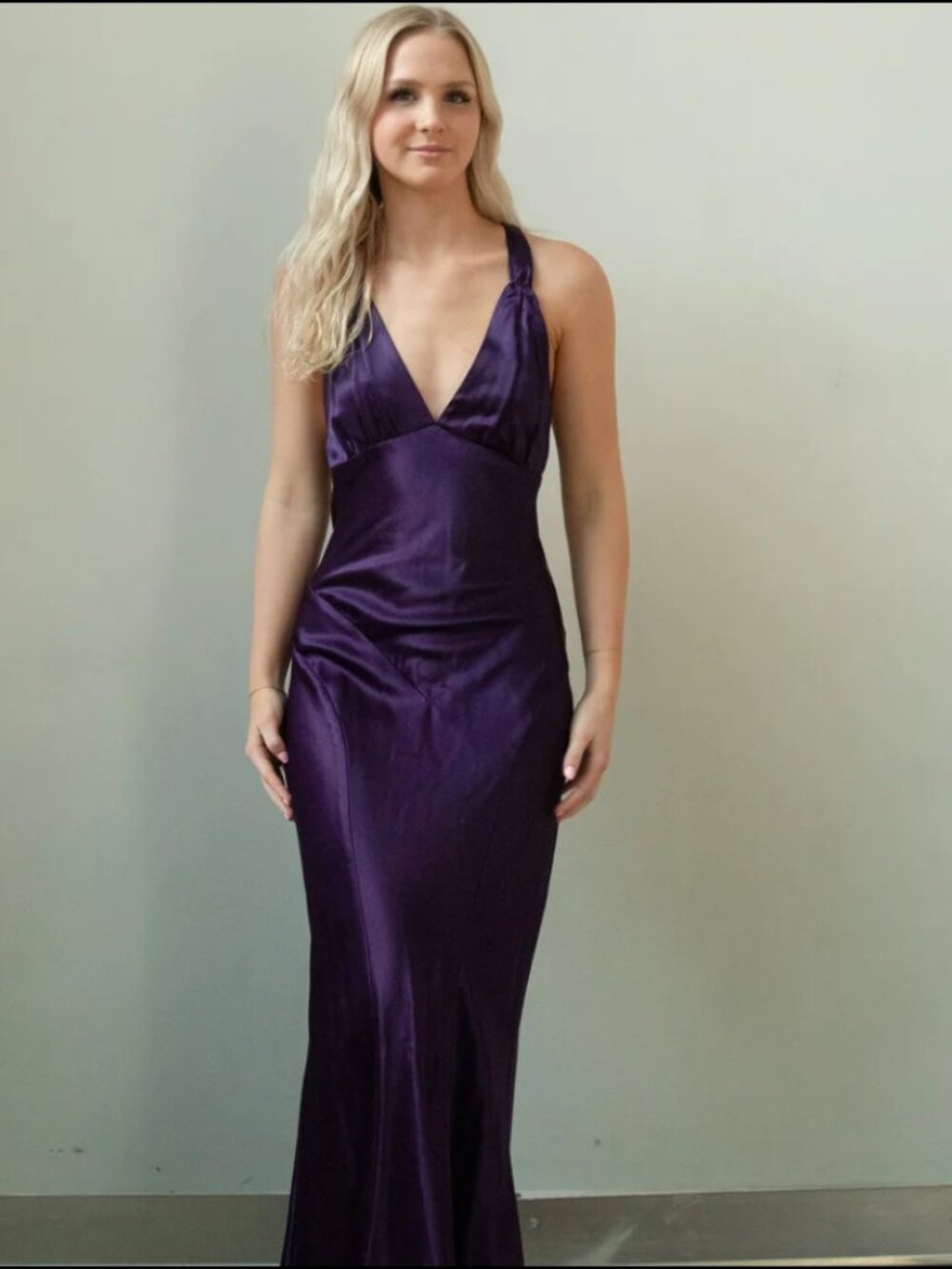 Deep V  Purple Mermaid Satin Prom Gown